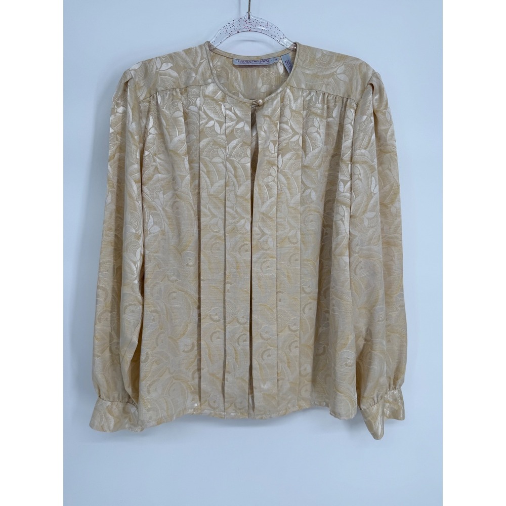 Laura and Jayne Vintage Champagne Gold Floral Jacquard Pleated Blouse Sz 14